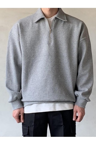 Genius Store Erkek Polo Yaka Oversize Yarım Fermuar Sweatshirt Gri