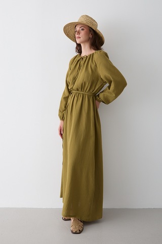 Haki Bağlama Detaylı Müslin Elbise - 2004 Haki