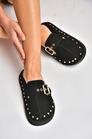 Fox Shoes Y918143802 Siyah Süet Önü Kapalı Zımba Detaylı Sabo Terlik
