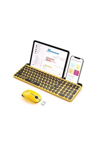 Seenda Yuvarlak Tuşlu Sevimli Kablosuz Klavye Ve Mouse, Bluetooth 2.4g - Sarı/siyah