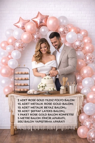 Rose Gold Folyo Kalp Yıldız Balon Rose Konfetili Şeffaf Ve Rose G