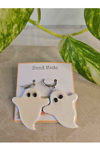 El Yapımı Polimer Kil Küpe - Paslanmaz Çelik Aparatlı Beyaz Sevimli Hayalet Figürlü Cadılar Bayramı Sallantılı Küpe Cute Ghost
