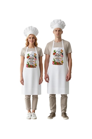Erkek Aşçı Önlüğü Mutfak Teması El Yazısı Baskı Unisex Rahat Kesi Beyaz