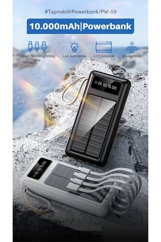 Solar 10.000 Mah Güneş Enerjili Led Işıklı Powerbank Şarj Aleti 2x Usb Çıkışlı Mikro Typc Lıghtnıng Siyah