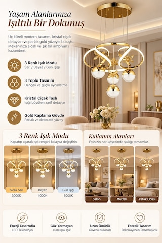 Ey-El Tasarım Venüs 4'lü Ledli Gold 3 Renk Sarkıt Avize Gold
