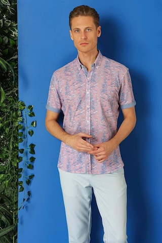 Efor Slim Fit Düğmeli Yaka Desenli Kısa Kol Pamuk Lila Gömlek G 1499 Lila