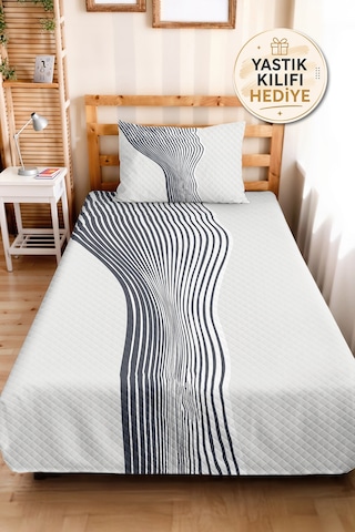 Gri Geometrik Modern Genç Odası Tek Kişilik Pike Takımı - Çizgili 160x220 Cm Kapitone Yatak Örtüsü Mumlu Dalgakıran Örtüsü