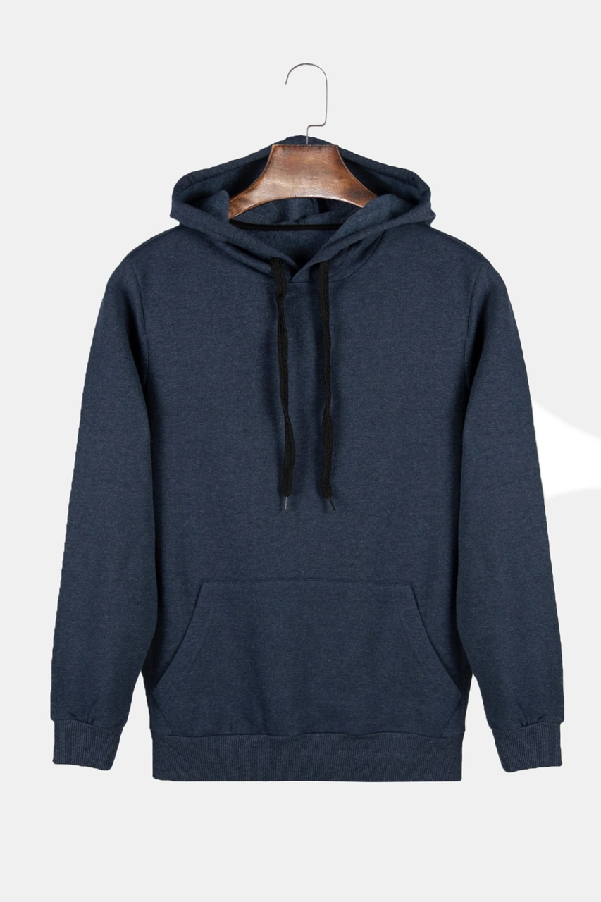 Veaven Unisex Indigo Kapüşonlu Arkası Polizei Baskılı Slim Fit Kanguru Cepli Sweatshirt İndigo