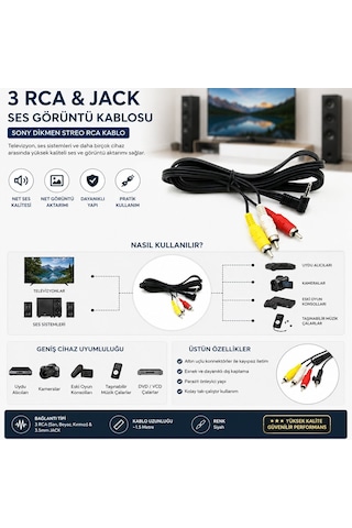 Krt-1135 Sony Dikmen Stereo Rca Kablo - 3 Rca Ve Jack Bağlantılı- 15'li Paket Diğer