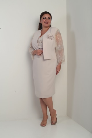 By Saygı Kadın Kruvaze Yaka Beli Drapeli Elbise Kolları Tül Ceket Astarlı Pul Detaylı Büyük Beden 2'li Takım Bej