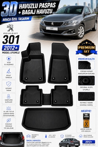 Peugeot 301 2023 Model Uyumlu 3d Araca Özel Havuzlu Paspas+bagaj Havuzu Birebir Uyum