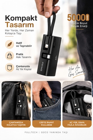 5000 Mah Powerbank 20w Pd Hızlı Şarj Dahili Lightning Kablolu Usb-c Taşınabilir Şarj Cihazı siyah