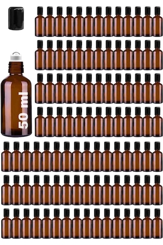 Çelik Roll On Şişesi 50 ML Sızdırmaz Siyah Kapaklı Amber Cam Şişe 100 Adet