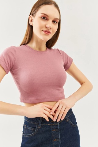 Kadın Kısa Kol Bisiklet Yaka Vücuda Oturan %100 Pamuklu Kaşkorse Esnek Crop Bluz Gül Kurusu