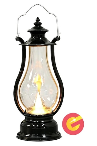 Retro Alev Efektli Led Lamba Pilli Gaz Lambası Modeli Kandil Atmosfer Dekoratif Ramazan Yılbaşı Aydınlatma Siyah