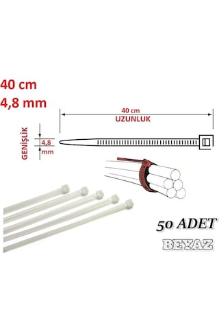 50 Adet 40cmx4,8mm Beyaz Plastik Cırt Kelepçe Kablo Bağı