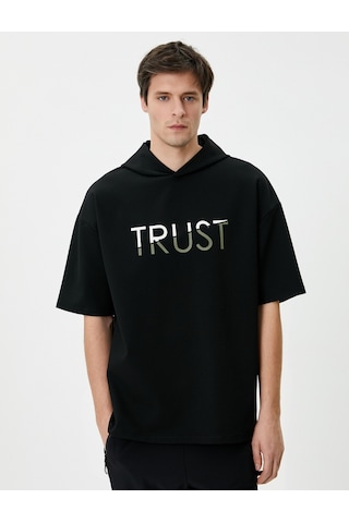 Koton Sweatshirt Eşofman Üstü Baskılı Kapüşonlu Kısa Kollu Siyah 4wam70056nk Siyah