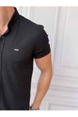 Modefendi Slim Fit Pamuk Örme Polo Yaka Kısa Kollu Gömlek Siyah