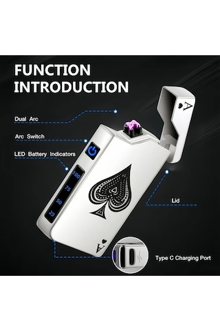 Techbloom Silvery A Rüzgar Geçirmez Çift Ark Çakmak Usb C Şarjlı Çakmak Maça Ası Tasarımı Kamp Hediye Açık Gri