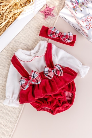 Fiyonklu Bandanalı Kadife Kız Bebek Tulum Salopet Bebek Elbise Kırmızı