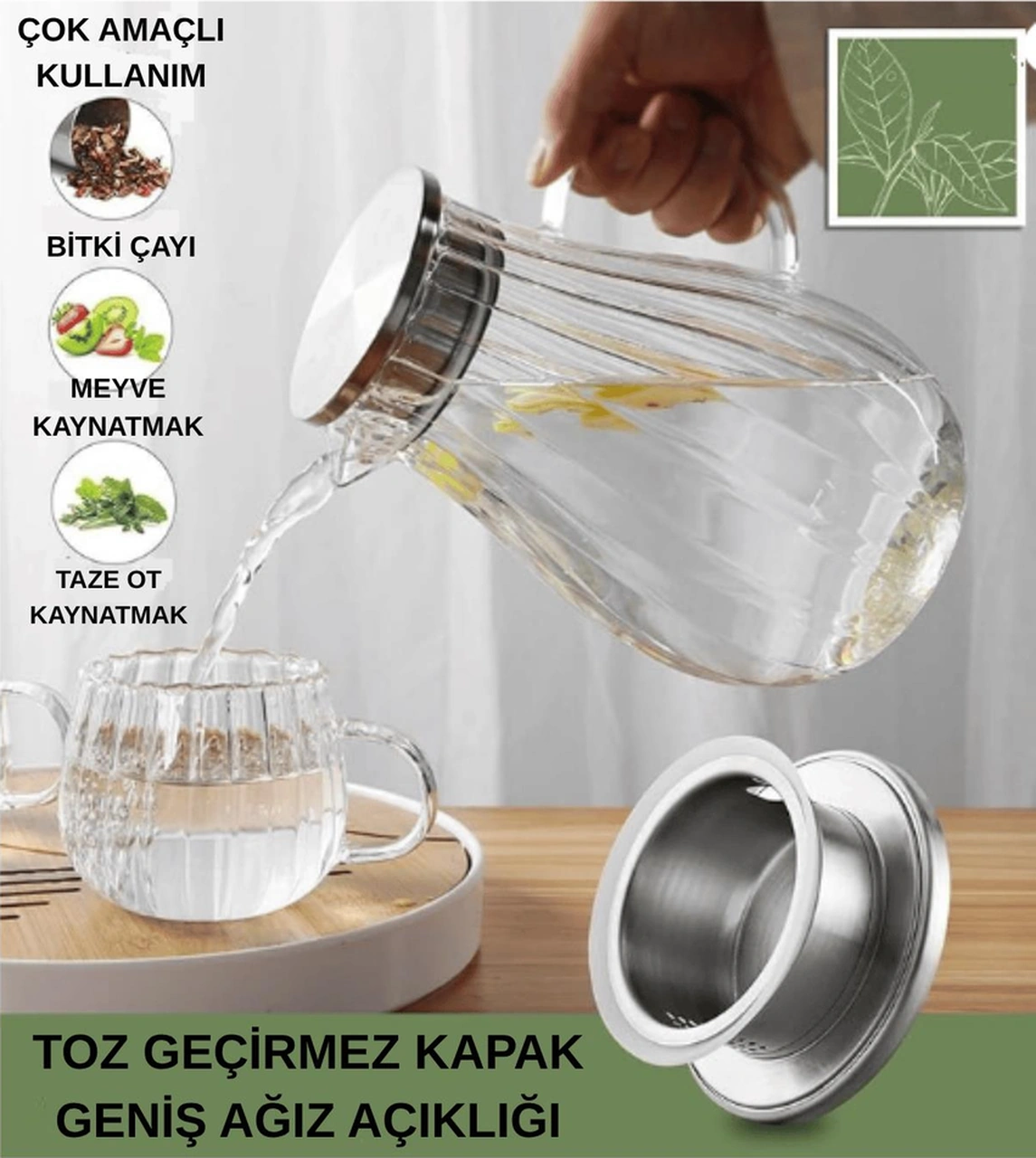 Metal Kapaklı Çizgili Cam Sürahi 1800 Ml Isıya Ve Ateşe Dayanıklı Şeffaf İnox Cam Bitki Çay Demleme