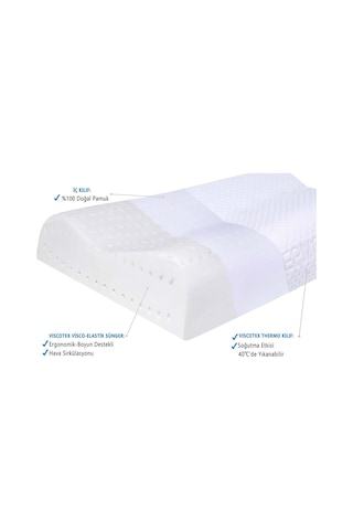 Visco Çift Bombeli Ortopedik Yastık 60x40x11/9 cm, Beyaz