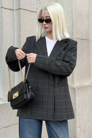 Antrasit Kareli Kadın Blazer Ceket Mg2624 Antrasit
