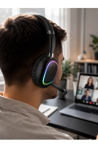 Mikrofonlu Bluetooth Kulak Üstü Kulaklık Rgb Aydınlatmalı Type-c Şarjlı