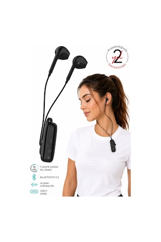 Exenar - Siyah - Yaka Klipsli Bluetooth Kulaklık Kulakiçi Kablolu Kablosuz Tws Mikrofonlu Yaka Kulaklık Boyun Asmalı