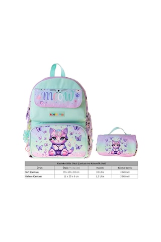 Kaukko Kids Meow Yeşil - Mor Kız Çocuk İlkokul Sırt Çantası Ve Kalem Çantası Seti - Setkk-l5288c Çok Renkli