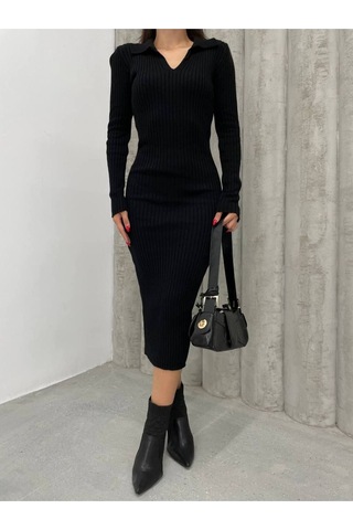 Msm Fashion Kadın Elbise Uzun Triko Kışlık Polo Yaka Likralı Kalem Elbise Siyah