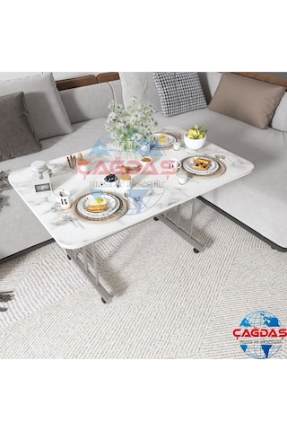 Teknor Tekerlekli Masa Orta Sehpa 70x110 Cm Metal Ayak Beyaz