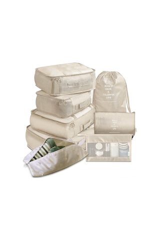 Dianziye Seyahat Organizer Seti 8 Parça: Kıyafet Ve Makyaj Çantası - Bej Renkli Ev Ve Seyahat İçin Klasörleme Çanta Takımı