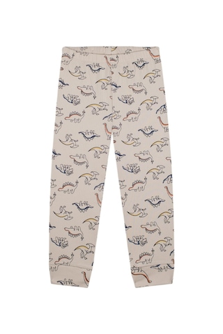 Antebies Organik Bej Dinazor Desenli Beli Lastikli Kısa Kollu Erkek Çocuk Pijama Takımı Krem