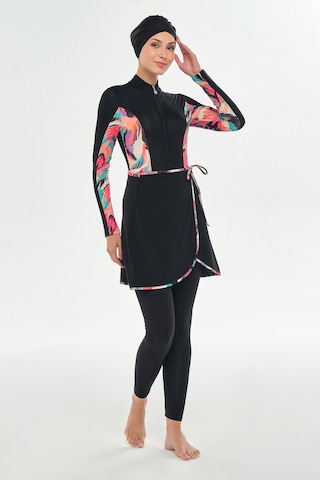 3 Farklı Şekilde Giyilebilir Likralı Etekli Tesettür Mayo Dora 2111 Siyah Siyah