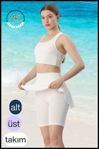 Kadın Mayo Takım Yüksek Bel Biker Etekli Şort Ve Pedli Crop Likralı Çabuk Kuruyan Kumaş Plaj Giyim Ekru