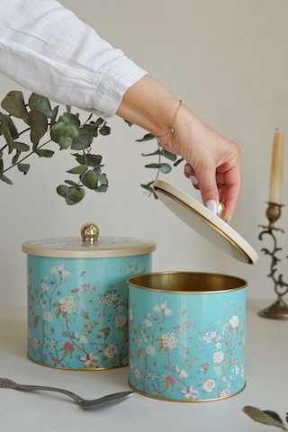 Flora Desenli Metal Saklama Kabı Seti - 2'li Set 1,7 Lt - 3,5 Lt Desenli