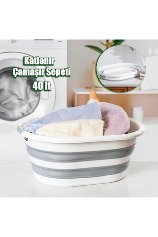 Porsima La-550 40lt Katlanabilir Silikon Çamaşır Sepeti Akordi... Beyaz - Gri
