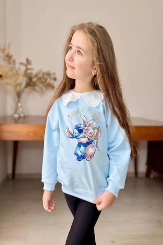 Yaka Detaylı Stitch Desenli Mavi Renk Kız Çocuk Takım Mavi