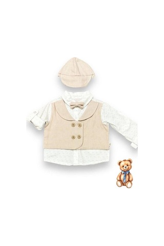 Cantoy Erkek Bebek Papyon Şapka Gömlek Pantolonlu Pamuklu Şık Takım-14693 Bej