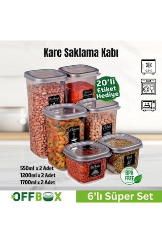 Offbox Kare Bakliyat Baharat Gıda Saklama Kabı - 3 Çeşit - 6 Adet Antrasit Şeffaf