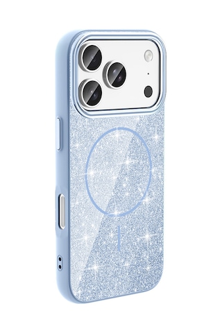 Maks Technology Apple Uyumlu iPhone 18 Pro Max Kılıf M-safe Şarj Özellikli Parlayan Simli Mkst Okso Kapak - Açık Mavi