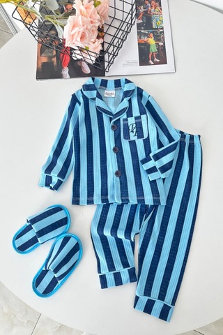 Minigimin Cicileri Çizgi Desenli Terlikli Erkek Çocuk Pijama Takımı - Mavi