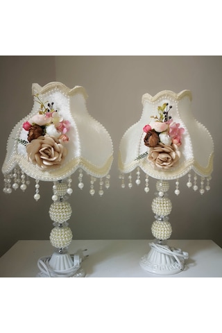 2 Adet Çiçek Dekorlu Abajur Özel Tasarım Dekoratif Beyaz