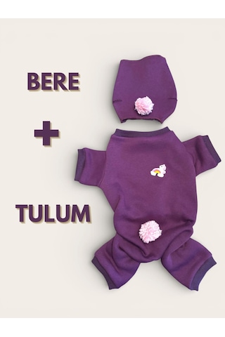 Purple Ponpon Pony Kedi Tulumu & Bere Takımı Şardonlu Polar Kumaş Tüy Dökülmesini Mor 2XL