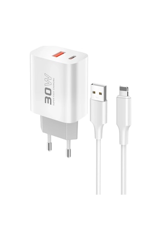 Mey İthalat C89q 1 Adet 30w Type-c Ve 1 Adet 22.5w Usb Çıkışlı Ekstra Dl48 1m Usb To Lightning Kab