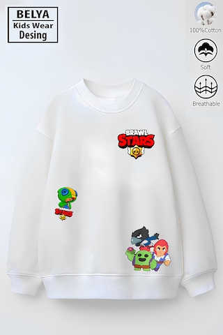 Belyakidswear Tam Kalıp Oversize Erkek Çocuk Pamuğa Pamuk 3 İplik Kumaş Star2 Tasarım Sweatshirt Beyaz