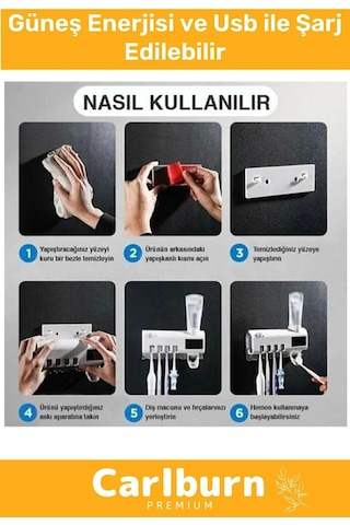 Premium Usb Şarjlı Güneş Enerjili Otomatik Diş Macun Sıkacağı Sterilizatörlü 4 Adet Fırçalığı Tutucu Diğer