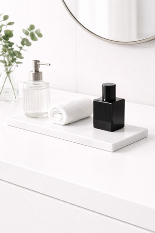 Minimal Beyaz Mermer Tepsi 35x10 Cm 1.3 Cm İnce Profil Vanity & Banyo Düzenleyici Beyaz
