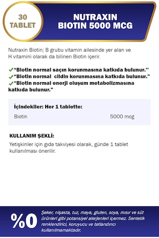 Nutraxin Biotin 5000 Mcg 30 Tablet Saç ve Tırnak Vitamini